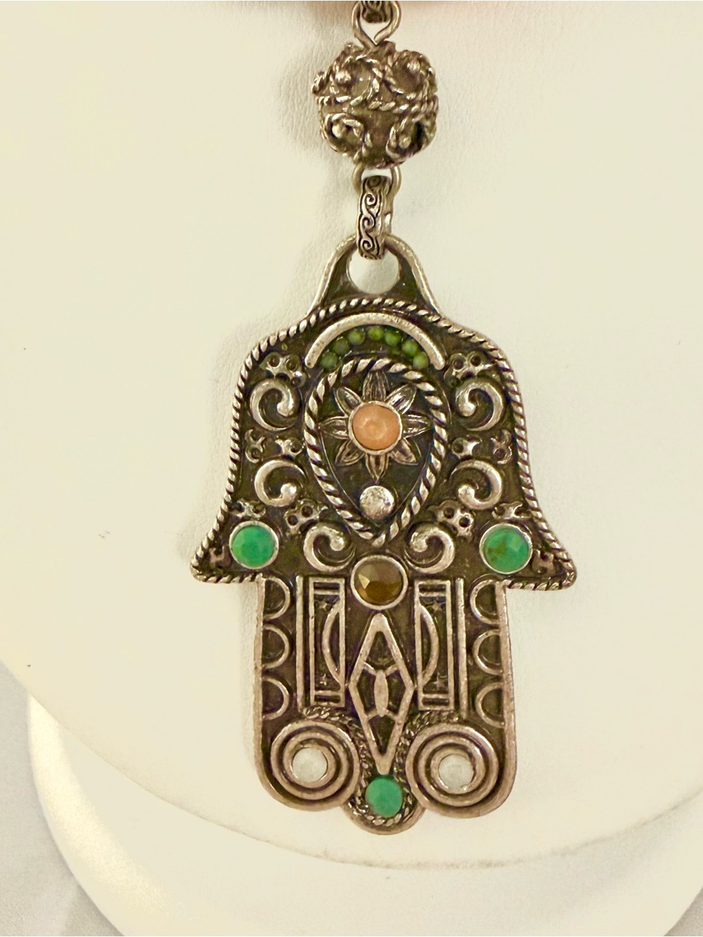 Boho Hamsa Hand of Fatima Beaded Statement Necklace Turquoise Orange Silver 16"